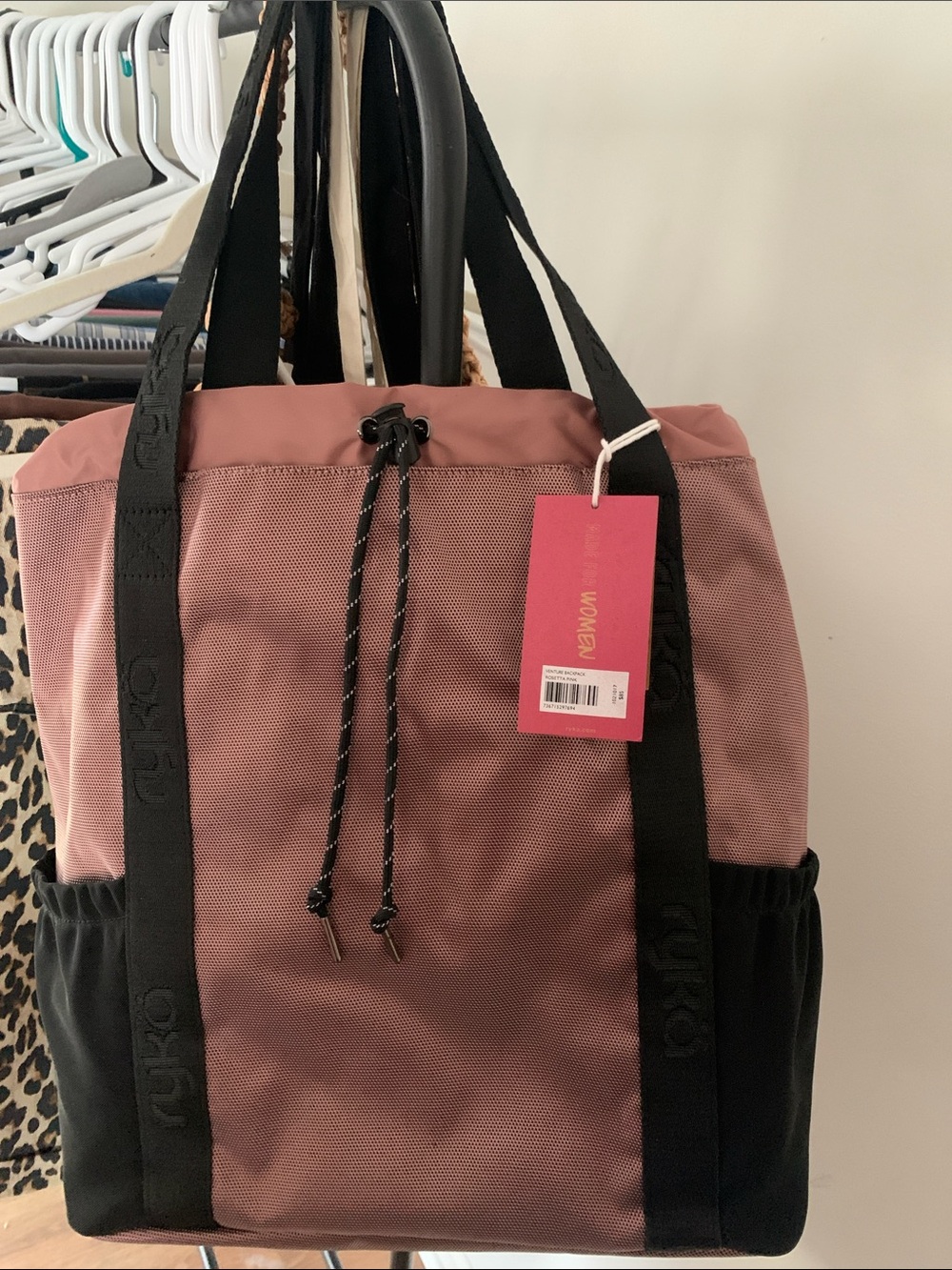 Ryka Rose Pink and Black Drawstring Canvas Tote